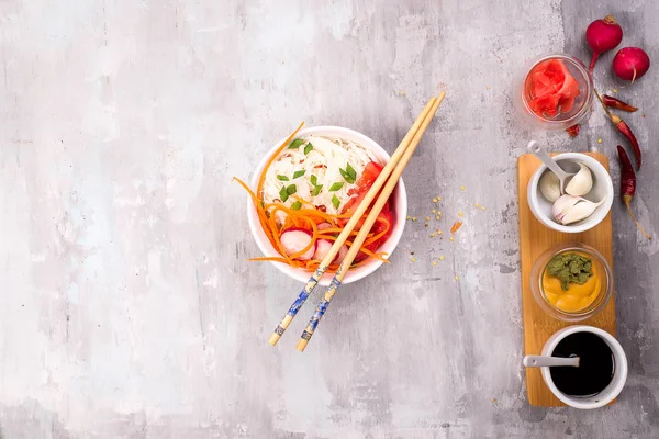 Ingredients Preparation Pickled Ginger Kimchi Radish Gray Stone Background Healthy — Stock Photo, Image