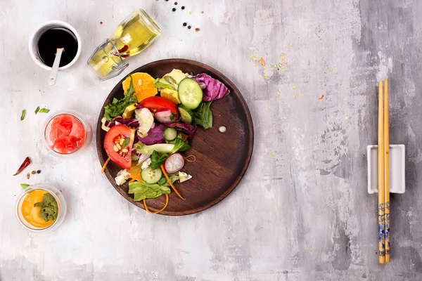 Healthy Salad Fresh Vegetables Souse Bowl Stone Gray Background Copy — Stock Photo, Image