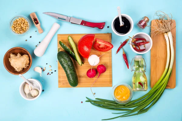 Healthy Salad Dressing Ingredients Bowls Balsamic Mustard Olive Oil Honey — Stock Photo, Image