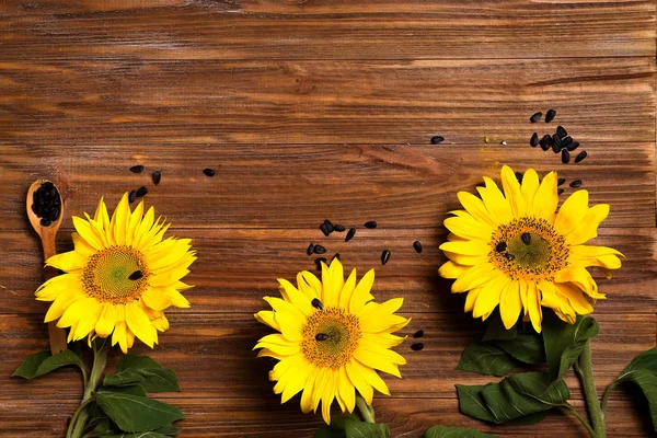 Autumn Background Sunflowers Wooden Board Flat Lay Copy Space — Stock Photo, Image