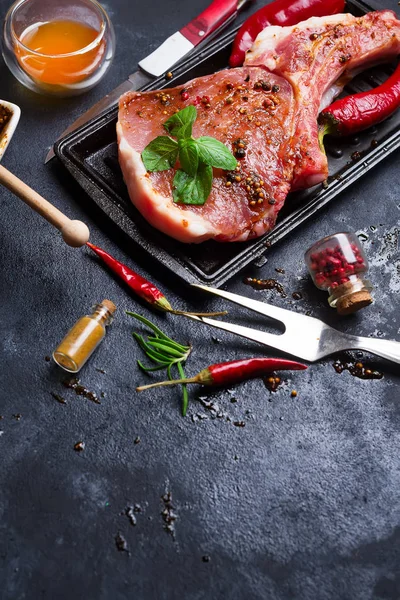 烧烤用腌制肉的选择在一个具体的黑暗背景下 用蔬菜和蜂蜜做切片 具有复制空间的顶部视图 — 图库照片