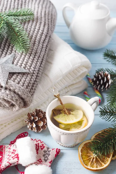 Cup Tea New Year Cozy Plaid Knitted Scarf Hot Tea — Stock Photo, Image