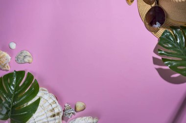 tropikal yaprak, şapka, deniz kabuklarını pastel mor zemin üzerine