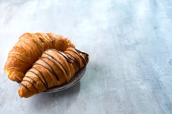 Two Freshly Baked Croissants Plate — Stock Photo, Image