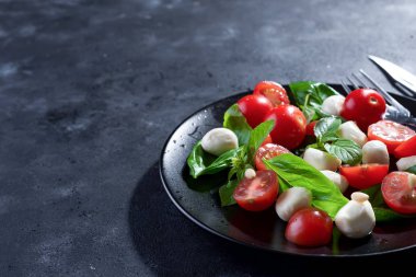 Dilimlenmiş domates, mozzarella peyniri, fesleğen, zeytinyağı ile İtalyan caprese salatası. Siyah plaka çatalla metal koyu arka plan üzerinde görev yaptı. Üstten görünüm alanı ile.