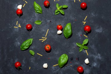 Mozzarella peyniri, fesleğen ve kayrak taş tahtaya kiraz domates kopya alanı ve üstten görünüm. Caprese salatası için malzemeler