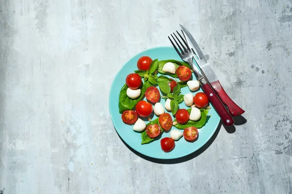 Lezzetli caprese salatası kiraz domates ve mozzarella peynir topları taze fesleğen ile mavi plaka ve gri kayrak arka plan, üstten görünüm bırakır. İtalyan sağlıklı gıda kavramı — Stok fotoğraf