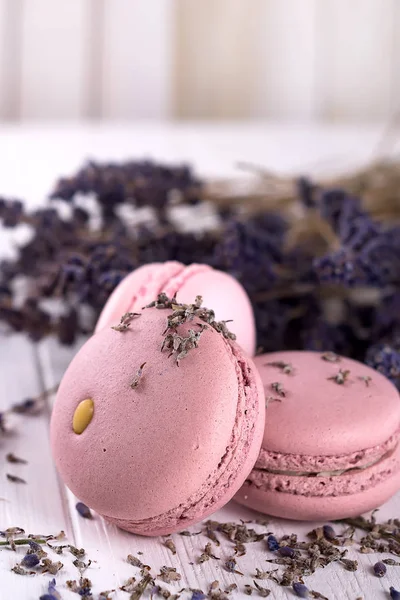 Macarons lavande douce français avec des fleurs lavande sur fond blanc en bois , — Photo