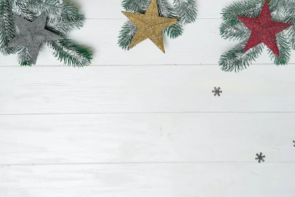 Banner Natal Modelo Vazio Feito Com Ramos Abeto Estrelas Mesa — Fotografia de Stock