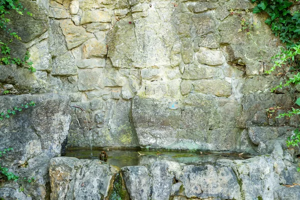 Water for drinking flows from old stones with green leaves close up — Stock Photo, Image