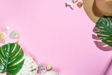 Plaj aksesuarları şapka, palmiye yaprakları, denizyıldızı plaj şapkası ve yaz tatili ve tatil konsepti için pembe kağıt arka plan üzerinde deniz kabuğu.