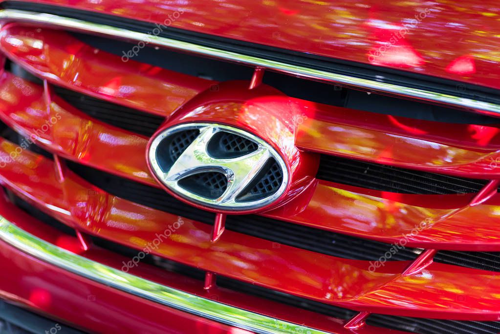 Kyiv, Ukraine -August, 2019: close-up logos of the Hyundai automobile brand. Hyundai Motor Company, South Korea-based multinational automotive company.