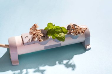 Power Strip Garden ve mavi arka planda eko elektrik prizi. Enerji kaynaklarına dayalı kavramsal bir fotoğraf