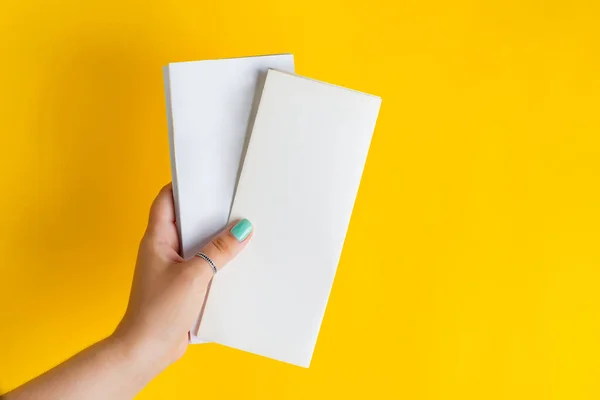 Duas brochuras de papel mockup branco em uma mão de mulheres. — Fotografia de Stock