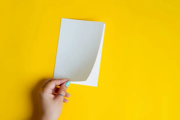 Brochura de papel de mockup branco em uma mão de mulheres. — Fotografia de Stock