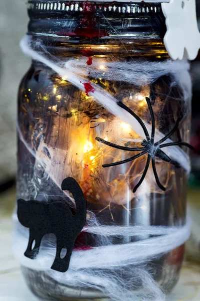 Fond Halloween Créatif Pot Verre Sombre Brillant Avec Araignée Artisanat — Photo