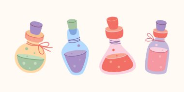 Halloween magic potion bottles set, colorful flasks with liquid, witch elixir, flat vector illustration isolated on white background