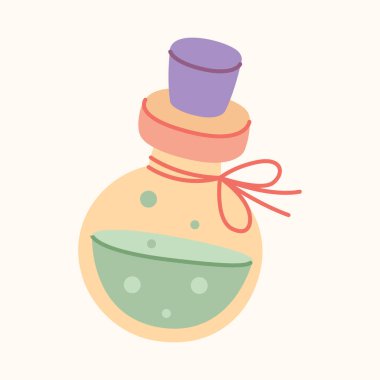 Halloween magic potion bottle, colorful flasks with liquid, witch elixir, flat vector illustration isolated on white background