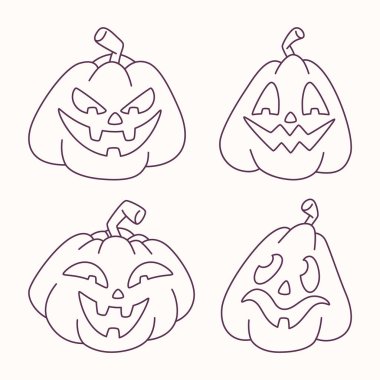 Halloween jack-o-lantern pumpkins outline set, spooky carved faces, vector illustration isolated on white background