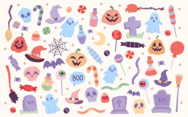 Halloween set with pumpkins, ghosts, candies, potions, hats, brooms, skulls and decorations. Vector illustration isolated on white background.