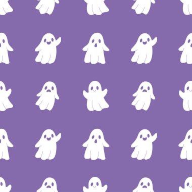 Halloween ghost seamless pattern. Cute cartoon spooky ghosts on purple background. Vector illustration.