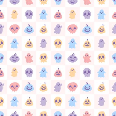 Halloween seamless pattern with cute ghosts, pumpkins and skulls