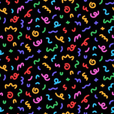 Colorful memphis seamless vector pattern with abstract geometric shapes on black background