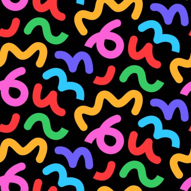 Colorful memphis seamless vector pattern with abstract geometric shapes on black background