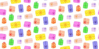 Beyaz arka planda renkli Noel hediye kutularıyla kusursuz vektör deseni