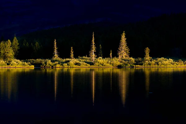 Único Eixo Luz Amanhecer Ilumina Costa Lago Swiftcurrent Parque Nacional — Fotografia de Stock