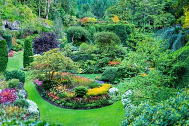 Güzel manikürlü çiçek yatakları, çalılar ve ağaçlarla süslü Kanada bahçeleri.