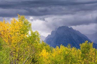 Sonbahar geldiğinde Teton Sıradağları 'nın kuzey kenarı kasvetli öğleden sonra manzarası