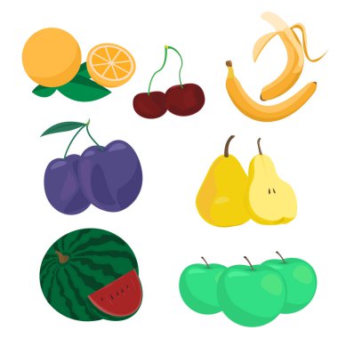 meyve illüstrasyon setleri üzümlü limon, muz ve elma paketleri