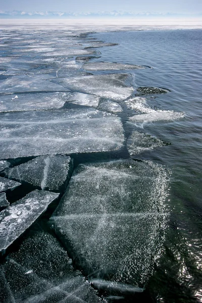 Lake Baikal Winter Open Water Edge Broken Ice Mountain Range — Stock Photo, Image