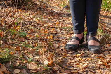Bir sonbahar ormanının kurumuş yapraklarının üzerinde duran bir kızın ayakları. Pantolonlu kız. Güneşli. Boşluğu kopyala.