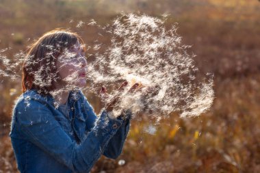 Bir kız ellerindeki tüylere üflüyor ve güneşte parlayan tüyler rüzgarda yüzüne doğru uçuyor. Seçici bir şekilde ellere ve tüylere odaklan. Kahverengi arkaplan bulanık.