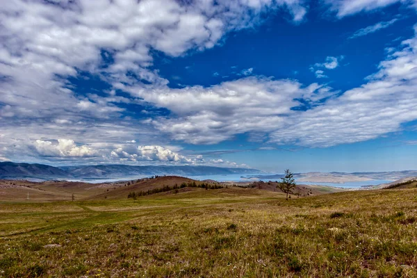 Amazing Landscape Hills Lake Baikal Clouds Blue Sky Green Grass — Stock Photo, Image