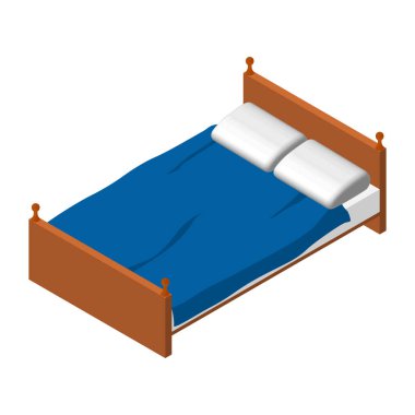 Isometric Çift Yatak. Kahverengi tahta yatak, beyaz yatak ve yastık. Mavi battaniye. Yatak odası mobilyaları. Vektör EPS10.