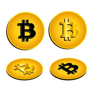 İzometrik projeksiyonlu altın sikke Bitcoin. Siyah işaret ve altın. Vektör EPS10.