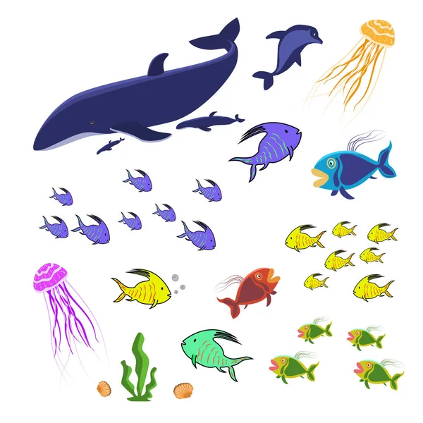 Zestaw Zwierząt Morskich Odizolowanych Biało Kolorowe Ryby Meduzy Wieloryby Zbiór — Wektor stockowy
