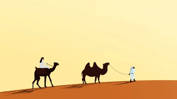 Una Caravana Camellos Con Gente Caminando Por Arena Del Desierto — Vector de stock