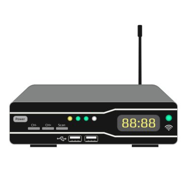 Kablosuz televizyon kontrol cihazı beyaza izole edildi. Ekran ve antenli uydu alıcısı. USB bağlantı noktaları ve kontrol düğmeleri olan karanlık bir çanta. Vektör EPS 10.