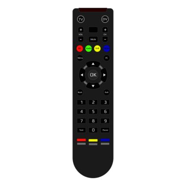 Beyazda izole edilmiş gerçekçi televizyon uzaktan kumandası. Kızılötesi sinyali ve çok renkli düğmeleri olan uzaktan kumanda. Üst Manzara. Vektör EPS 10.