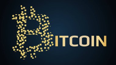 Küçük altın bloklardan yapılmış logolu Bitcoin kripto para birimi konsepti. Web sitesi veya uygulama için tasarım ögesi. Vektör EPS 10.