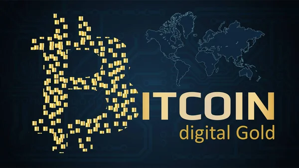 Texto Bitcoin Digital Oro Escrito Color Oro Sobre Fondo Oscuro — Vector de stock