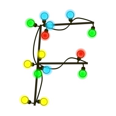Çelengin büyük harfi F beyaz üzerine izole edilmiş. Kablodaki renkli ampuller. Yazı veya logo için el yazısı Noel yazı tipi. Vektör EPS 10.