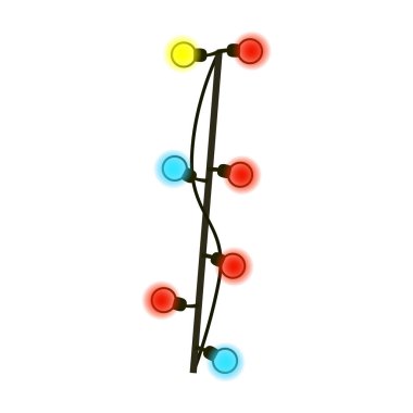 Birinci büyük harf, beyaz üzerine izole edilmiş çelenk. Kablodaki renkli ampuller. Yazı veya logo için el yazısı Noel yazı tipi. Vektör EPS 10.