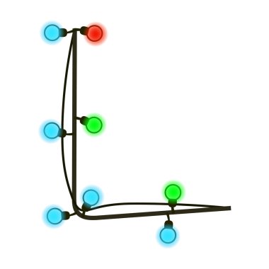 Çelengin büyük harfi L beyaz üzerine izole edilmiş. Kablodaki renkli ampuller. Yazı veya logo için el yazısı Noel yazı tipi. Vektör EPS 10.