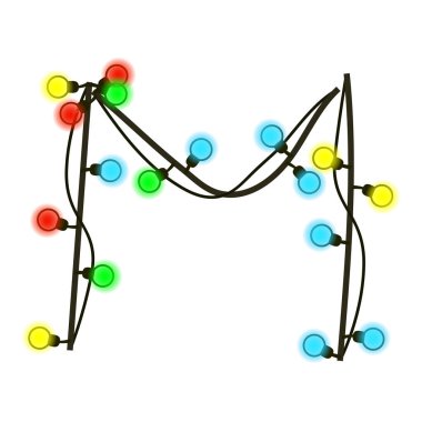 Çelengin büyük harfi M, beyaza izole edilmiş. Kablodaki renkli ampuller. Yeni yıl yazı tipi olarak metin ya da logo yazılacak. Vektör EPS 10.