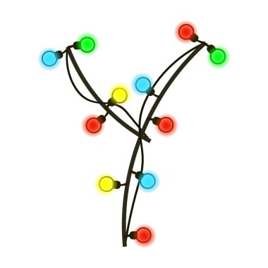 Çelenkten yapılmış büyük Y harfi beyaza izole edilmiş. Kablodaki renkli ampuller. Yazı veya logo için el yazısı Noel yazı tipi. Vektör EPS 10.